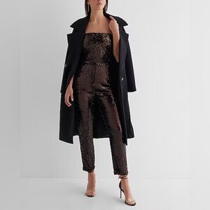 Express Sequin Strapless Straight Leg Jumpsuit In Deep Espresso Color Size M
